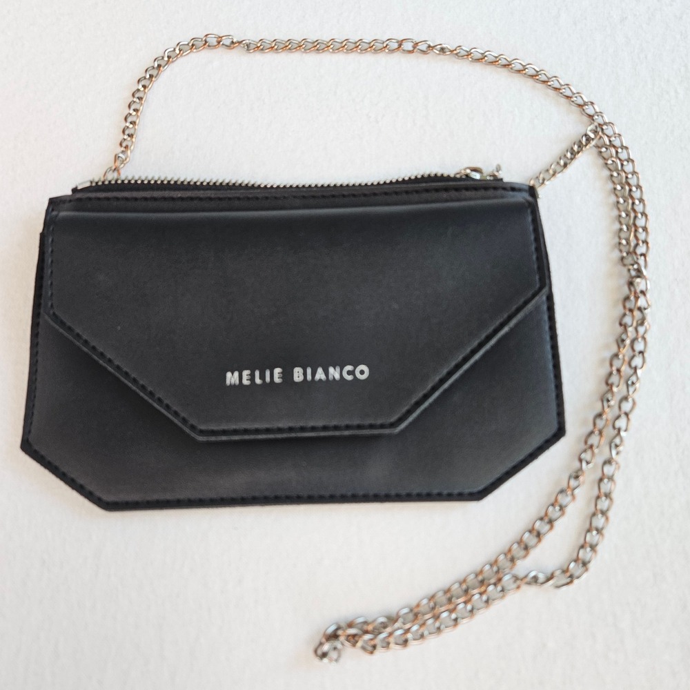Melie Bianco Black Vegan Leather Geometric Crossbody Bag with Chain Strap Small
